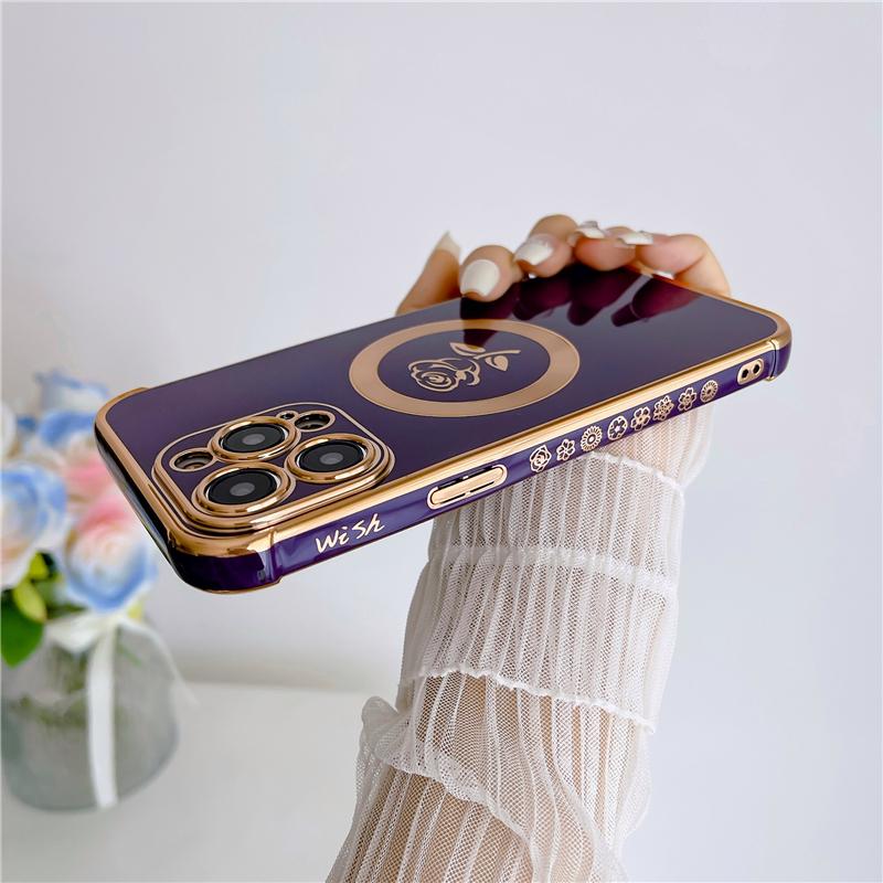 Luksusowa powłoka Rose Flower Frame Magsafe Magnetic Phone Case do iPhone'a 11 12 13 14 15 Pro Max Osłona obiektywu na etui 14 Plus