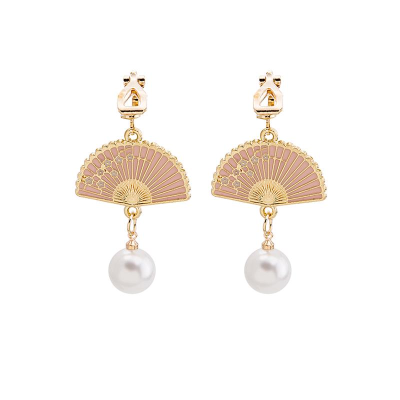 Vintage Japanese & Korean Tassel Pearl Clip-on Earrings with Floral Fan Design