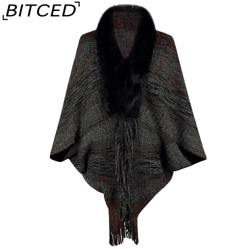 

BITCED Rainbow Stripe Women s Fringe Cape with Fur Collar Knit Shawl for Fall/Winter One size чёрный