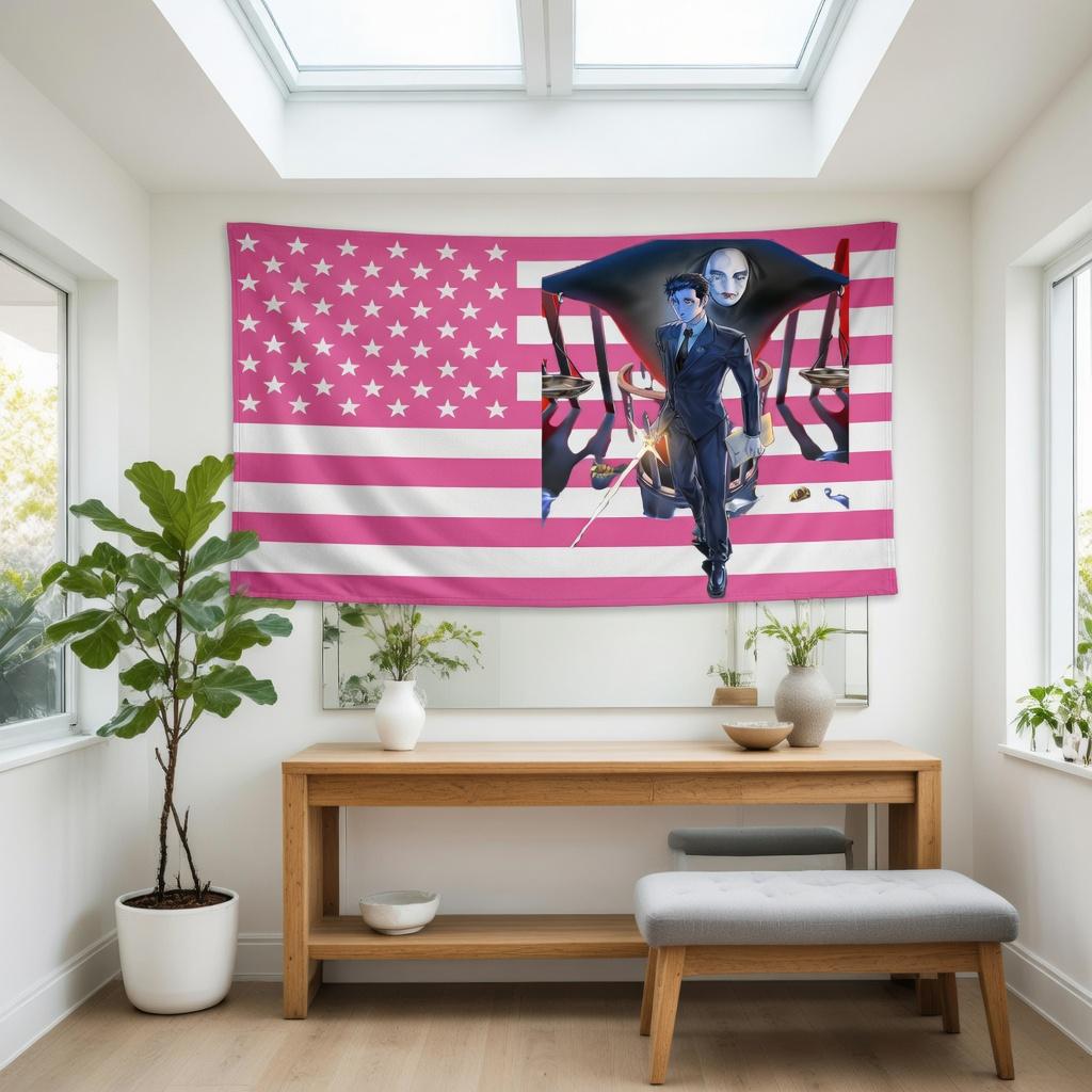 Epic Pink Anime American Flag Tapestry Glowing Sword Warrior Mysterious Hooded Figure Wall Hanging Decor