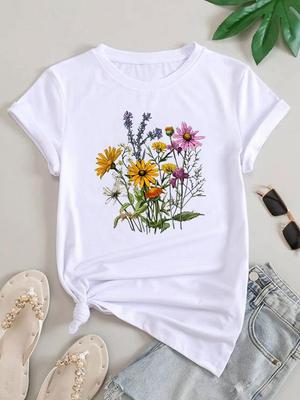 (Asian Size) Women Flower Watercolor 90s Trend Cute Short Sleeve Fashion Clothing Casual Tshirt Female Print Lady Tee Top Graphic T-shirts