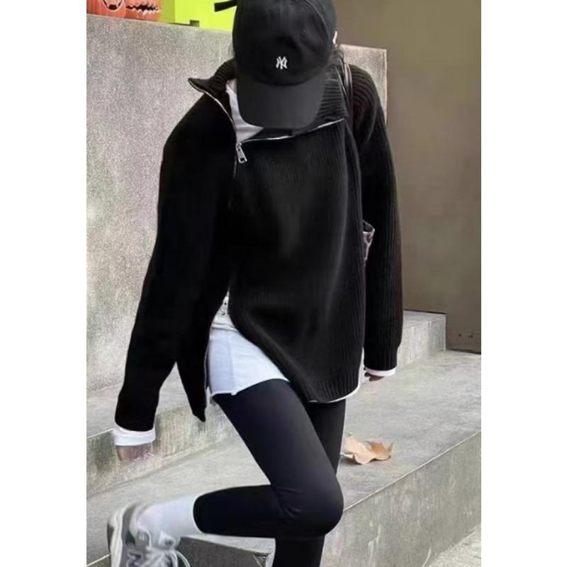 New loose medium and long lazy wind side zipper lapel knitted sweater for women's autumn and winter women + cardigan sweater for women