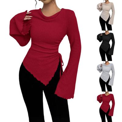 Modisches lässiges Damen-Langarm-T-Shirt mit unregelmäßigem Saum, ausgestellten Ärmeln, Kordelzug-Design, schmaler Passform, Rundhalsausschnitt