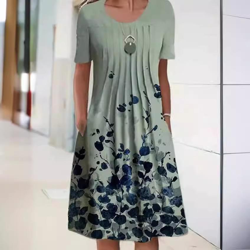 Spring and Summer Floral Print Crew Neck Pullover Medium and Long Dress Women's Clothing