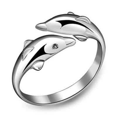 Niedlicher, glücklicher Doppel-Delfin-Liebes-offener Ring für Frauen, versilberter Ring