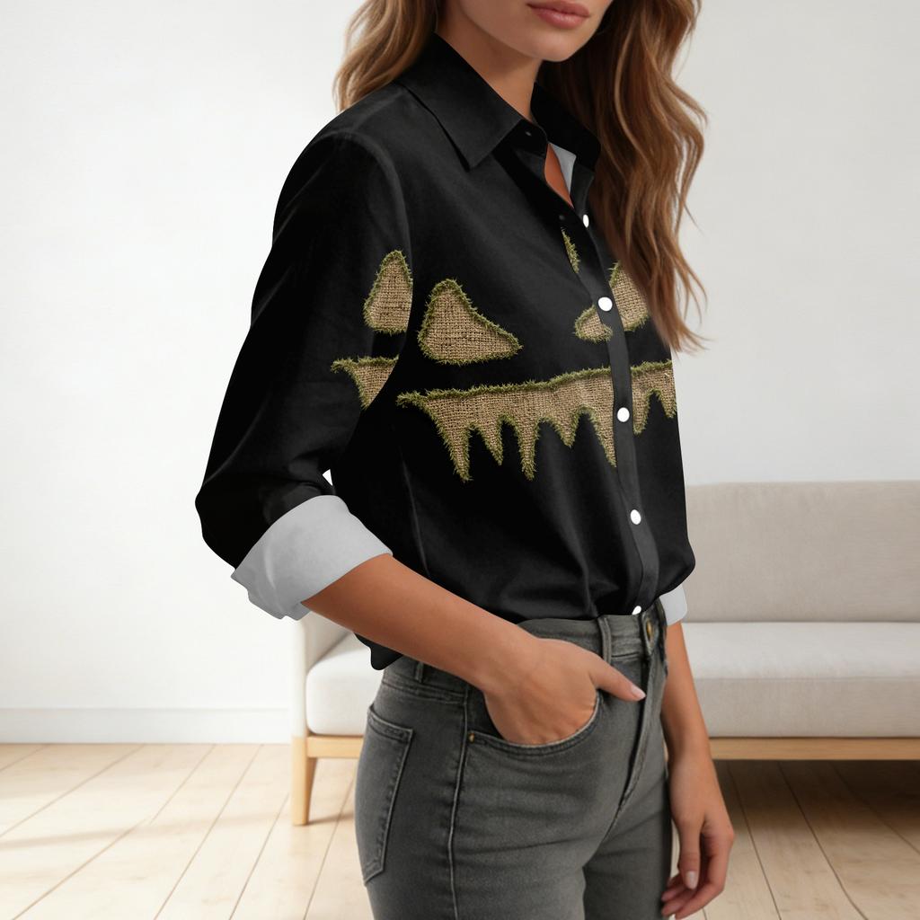 Women's Halloween Printed Long Sleeve Casual Button Down Shirt
