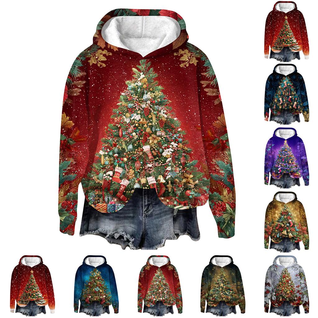 Women's Fashion Long Sleeve Christmas Print Loose Hooded Sweatshirt Top