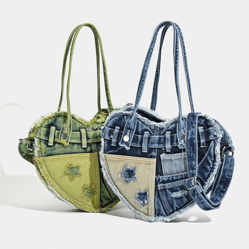 Fashionable Denim Canvas Bag Creative Design Heart-shaped Contrasting Star Pattern Denim Bag New Retro Casual Crossbody Hole Bag
