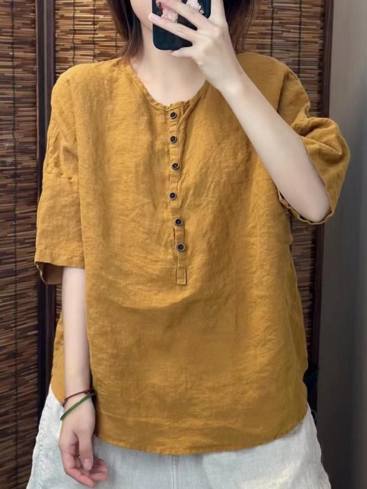 Johnature Women Vintage Solid Color T-Shirts O-Neck Half Sleeve Button Loose Summer Casual T-Shirts
