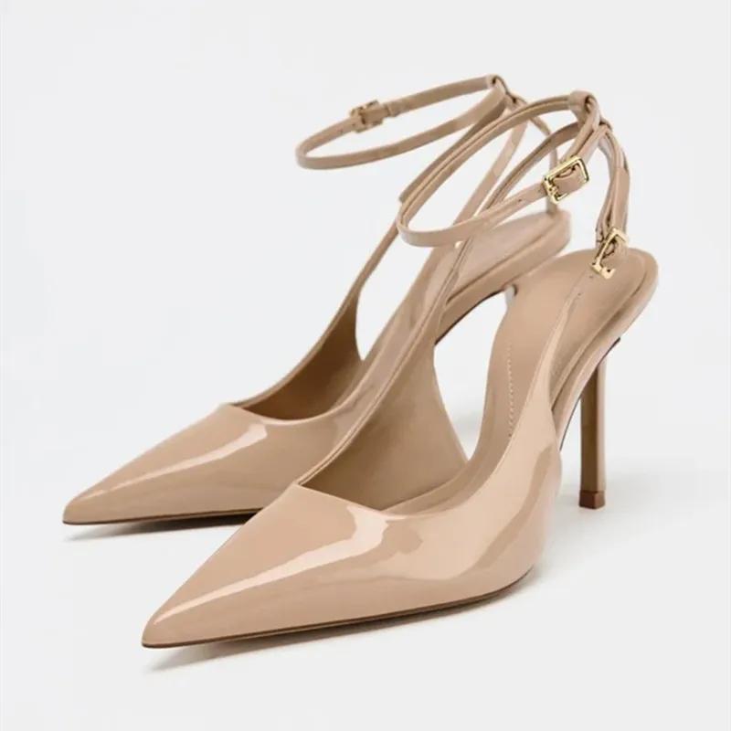 Fashion Nude Patent Leather Ankle Strap Buckle Women Pumps Sexy Pointed Toe Stiletto Heels Summer Stiletto Heels Party Shoes Sandalias
