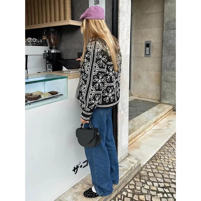 Vintage Print Round Neck Cropped Cotton Coats Women Elegant Full Lantern Sleeves Short Jackets Fall Winter Lady Chic Streetwear
