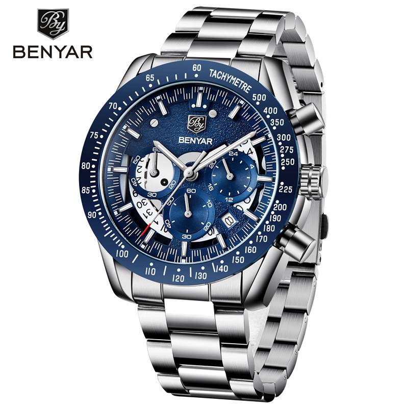 BENYAR Sport Watch Men Top Brand Luxury Blue Quartz Male Chronograph Clock Military Waterproof Stainless Steel Wristwatch 5120
