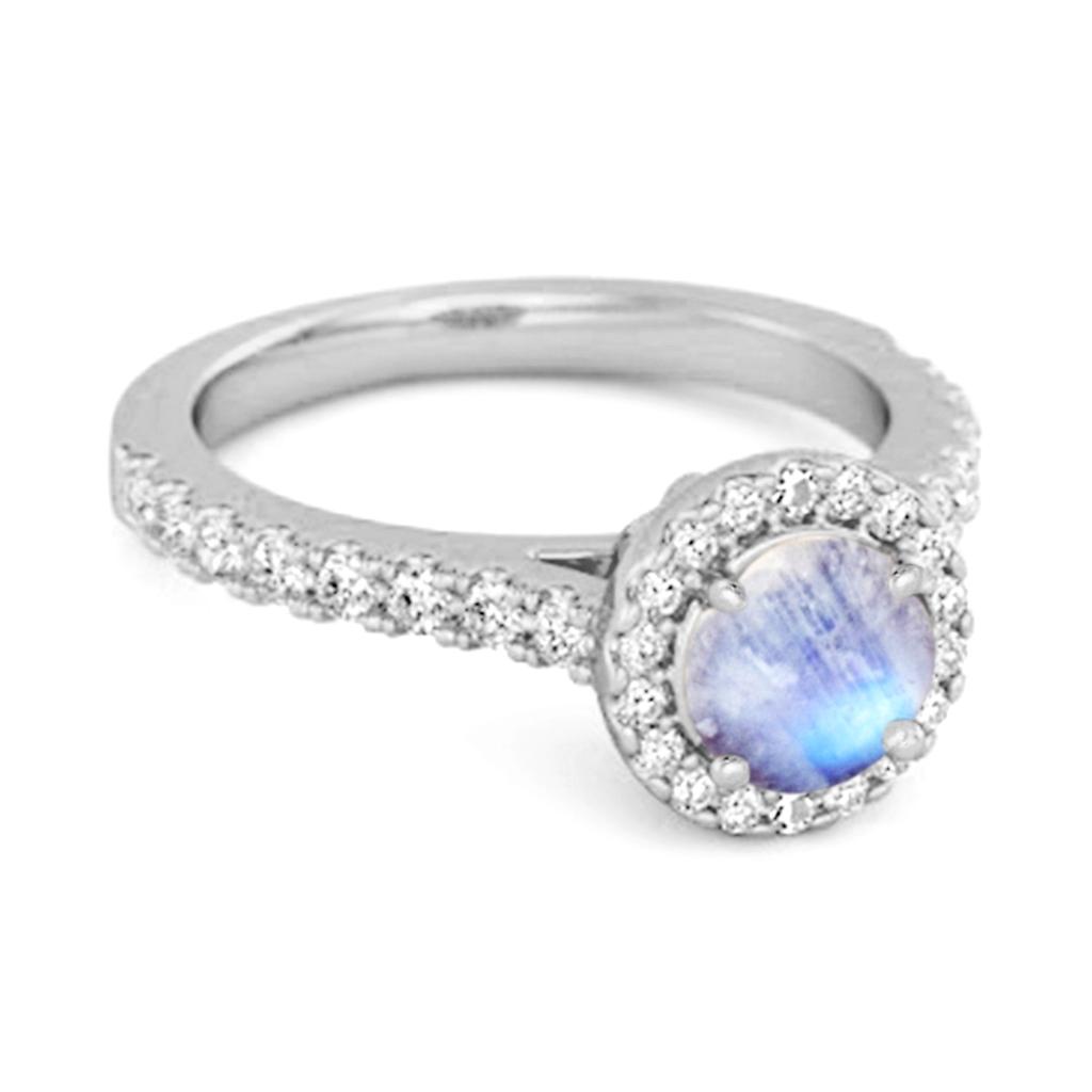 Moonstone Round Halo Accents Ring- 925 Sterling Silver