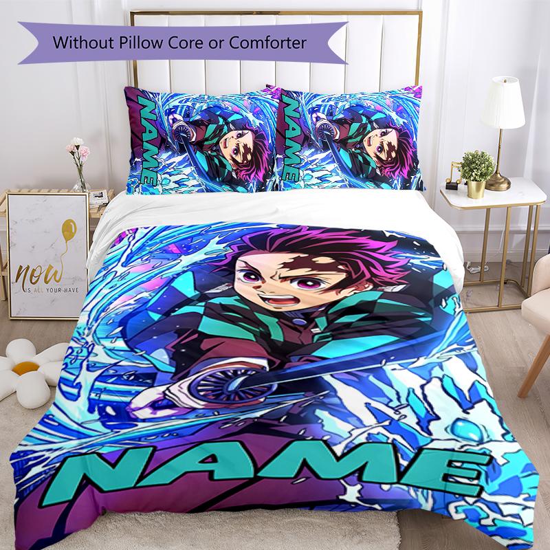 3pcs Custom Name Demon Slayer Tanjiro Bedding Set Duvet Cover Closure Includes 1 Duvet Cover & 2 Pillowcases for All Seasons Bedroom Decor