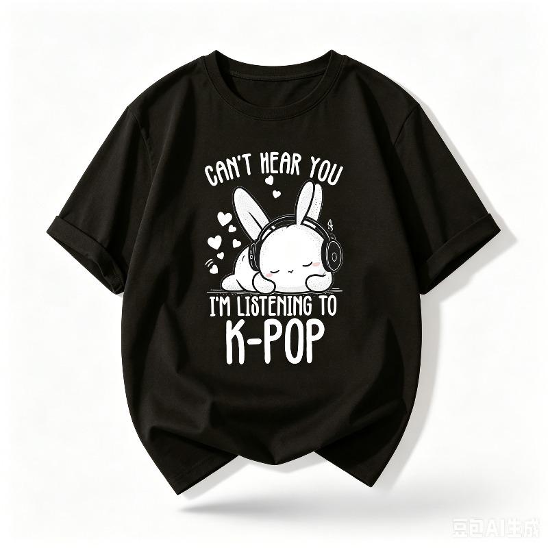 Cant Hear You Im Listening To Kpop Tee Cute Bunny Music Print Tshirt Black White