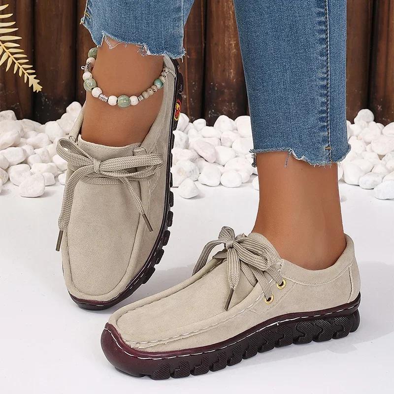 Autumn Womens Casual Shoes 2025 New Lace Up Faux Leather Loafers Shoes Comfortable Soft Sole Mom Shoe Women Flat Sneakers Ladies