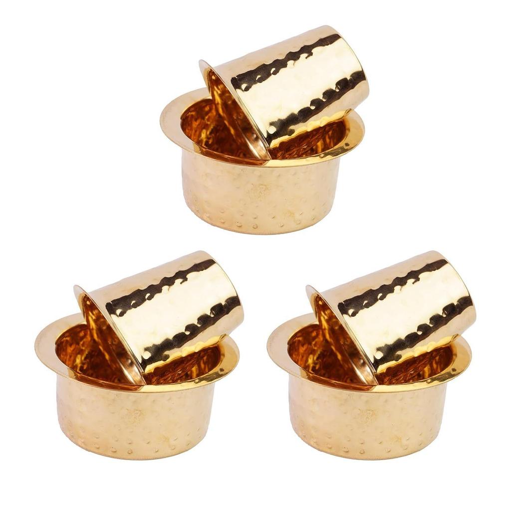 Indian Brass Coffee Cup Dawara/Dabara & Tumbler for Serving Filter Coffee/Tea/Traditional kumbakonam Brass Dabara - | Hammered Matt - 150ml (Set of 3)