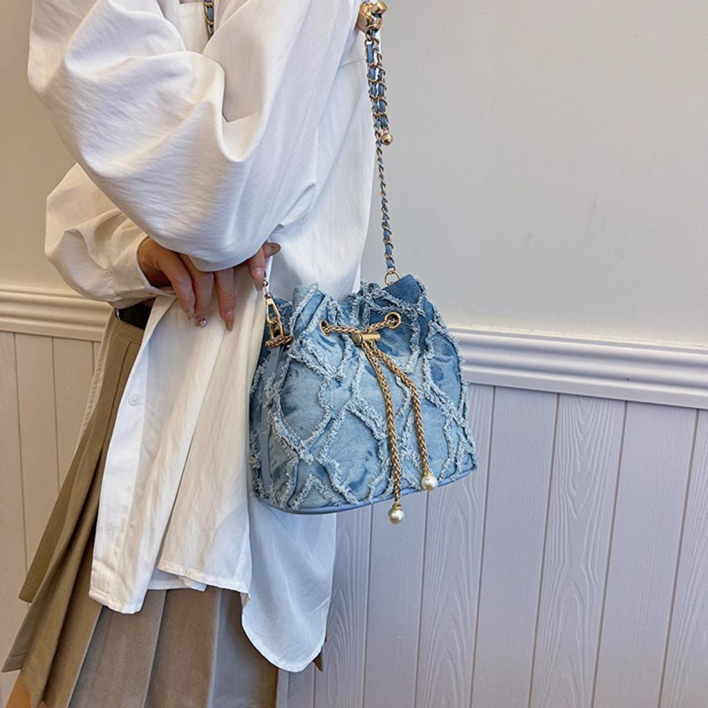 Borsa a Secchiello a Catena Ling Grid, Semplice Borsa a Tracolla, Borsa a Spalla Trendy da Donna con Coulisse e Frange