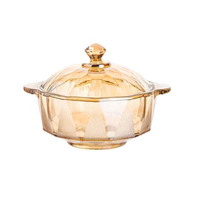 Bol de Supă din Sticlă Chihlimbar la Modă Rezistent la Căldură Mâner Binaural Bol pentru Tăiței Instant cu Capac Model Diamant Bol pentru Salată Gustare