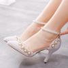 Girl 9cm High Heel Rhinestone Beaded Chain Sandals Beige Wedding Shoes Women