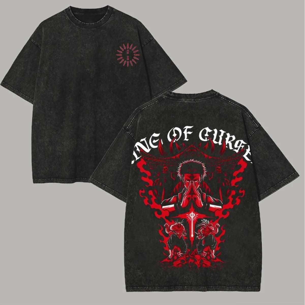 

Jujutsu Kaisen King of Curses Sukuna T Shirt Back Print Men Acid Wash Oversized Streetwear Anime Retro Cotton Top Tee M