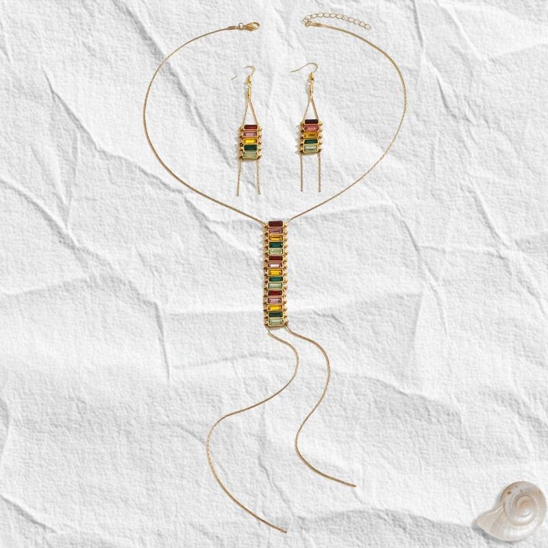 

New atmospheric alloy inlaid with colored zircon pendant necklace earrings women s jewelry set light luxury золотий жовтий колір