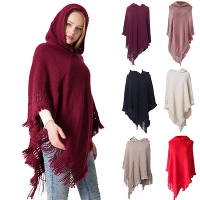 Women Autumn Cape Tassel Loose Knitting Solid Color Irregular Hem Warm Hooded Bohemia Fringed Lady Cloak for Work