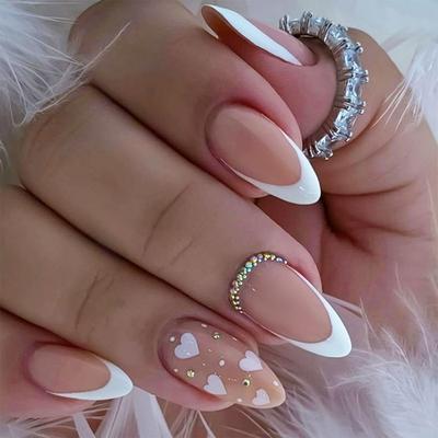 24 Piezas Uñas Artificiales Cortas Almendradas Brillo Diseños de Corazón Press-ons Manicura Francesa Accesorios para Uñas para Cualquier Ocasión