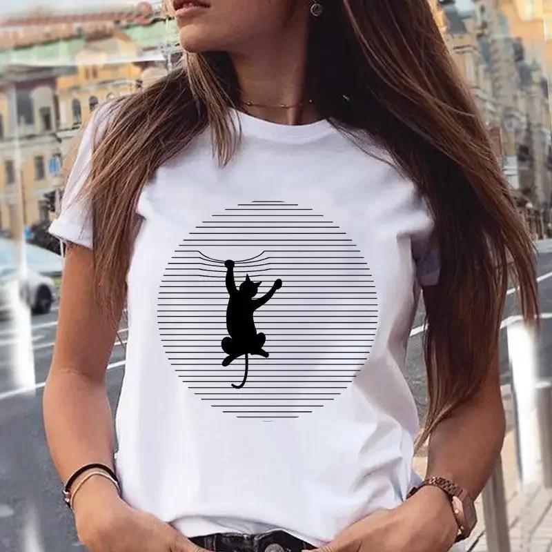 Cute Cat Animal Print T-shirt Round Neck Women's Blouse Fashion Women's Graphic Harajuku Aesthetics