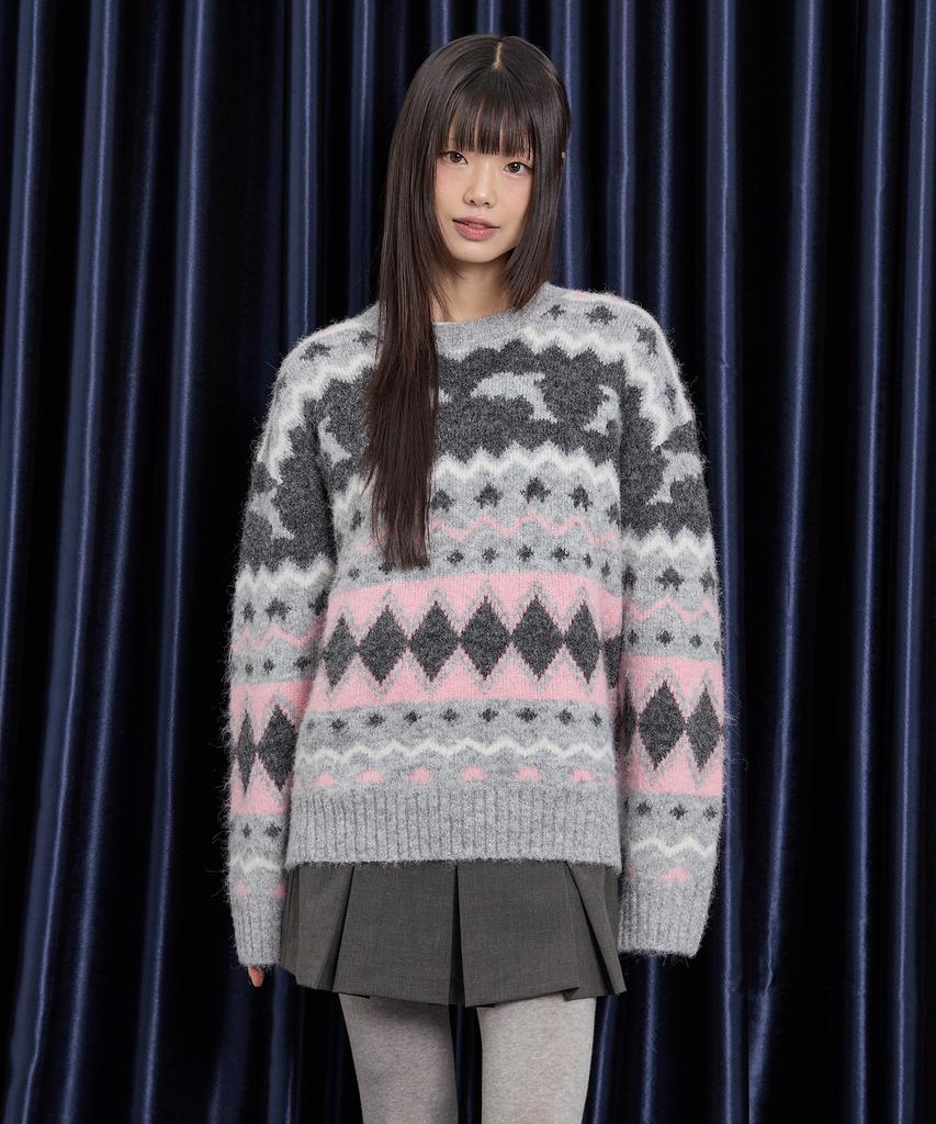 WAIKEI Dolphin Hairy Graphic Knit Gray
