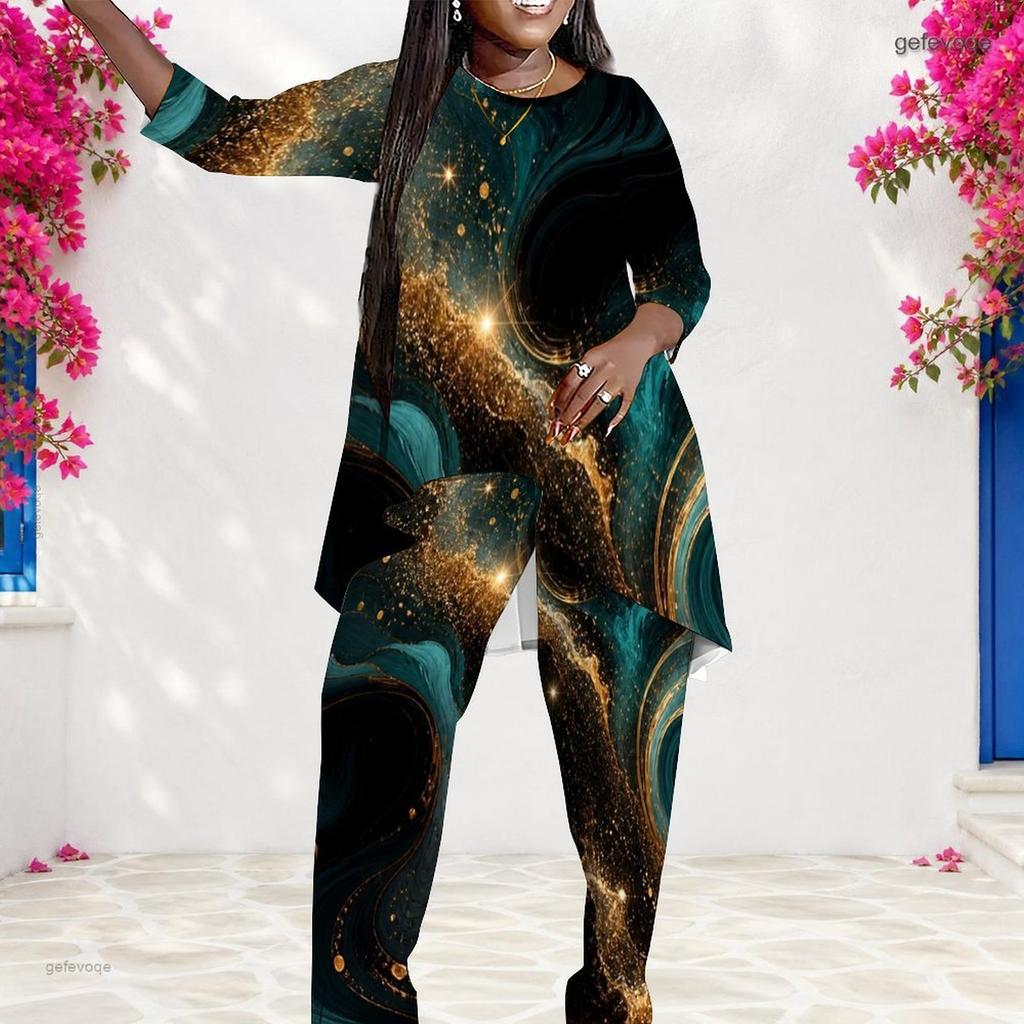Women Plus Size Round Neck Long Sleeve Printed Layered Top Long Pants Two Piece Set