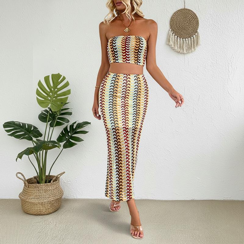 VEZFAA Women's Fashion Casual Colour Block Print Summer Spring Sleeveless Skirt Suits