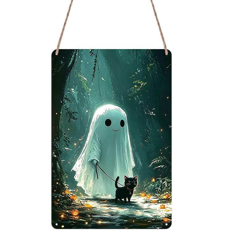 2D Flat, 1pc Halloween Cute Ghost & Black Cat Aluminum Sign, Lloween Wall Decor for Haunted House, Party, Home, Bathroom - Spooky Housewarming Gift