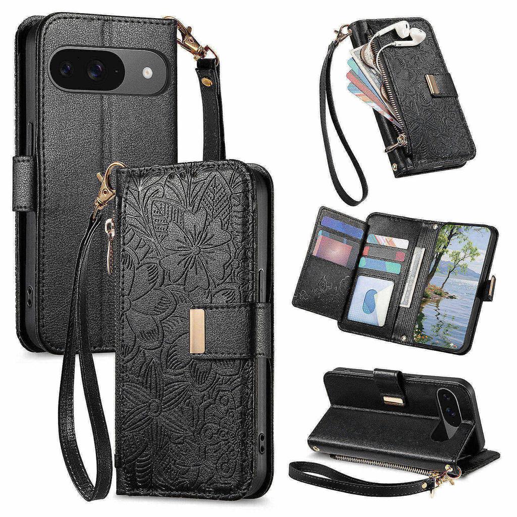 Phone Case For Google Pixel 9 Pro  / 9 Floral Leaf Pattern Multi Card Slots Zipper Leather Phone Cover with Wrist Strap