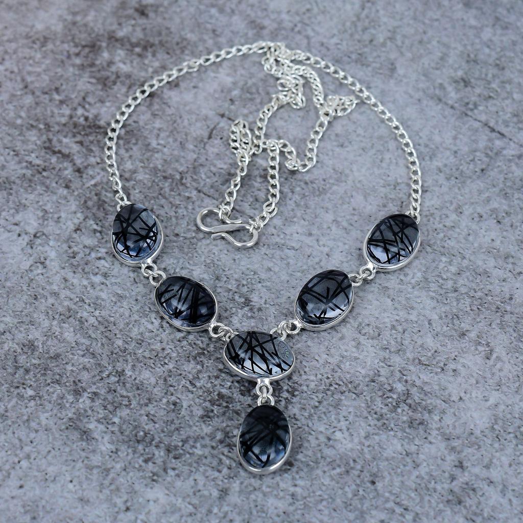 Black Rutile Gemstone Handmade 925 Sterling Silver Jewelry Necklace 18" M-409