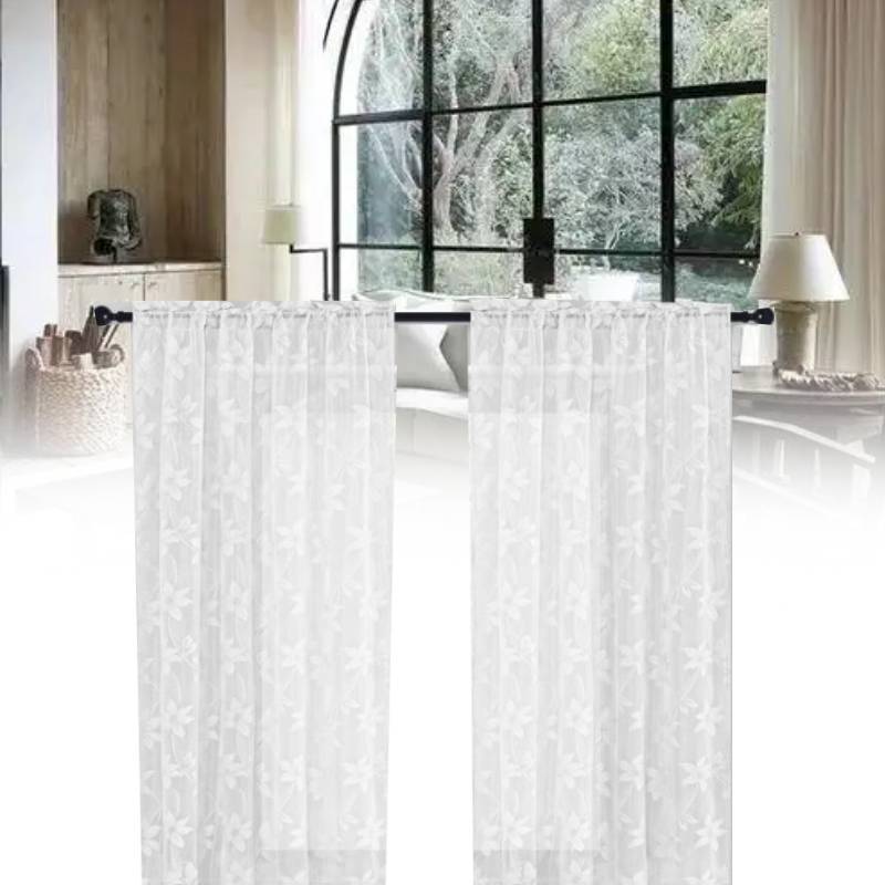 Lace Floral White Sheer Curtains For Daily Bedroom Kitchen Decoration Set Of 2
