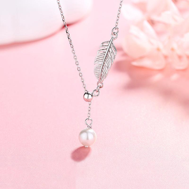 Elegant 925 Sterling Silver Feather Pearl Necklace - Korean-Style Versatile Pendant for Women 925 Sterling Silver