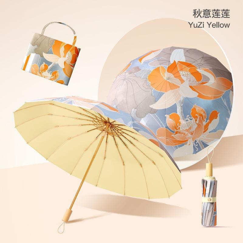 Spot three-fold retro color glue printed 16-bone parasol female weather and rain dual-purpose anti-ultraviolet folding sun umbrella