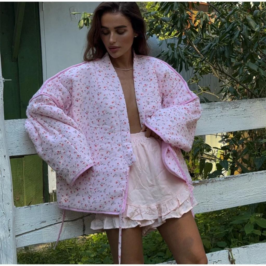 VAYLA Floral Printed Women's Cardigan Cute Lace up Pink Women Coat Casual Loose Autumn Warm Coats Fashion New Ladies Coats Outerwear