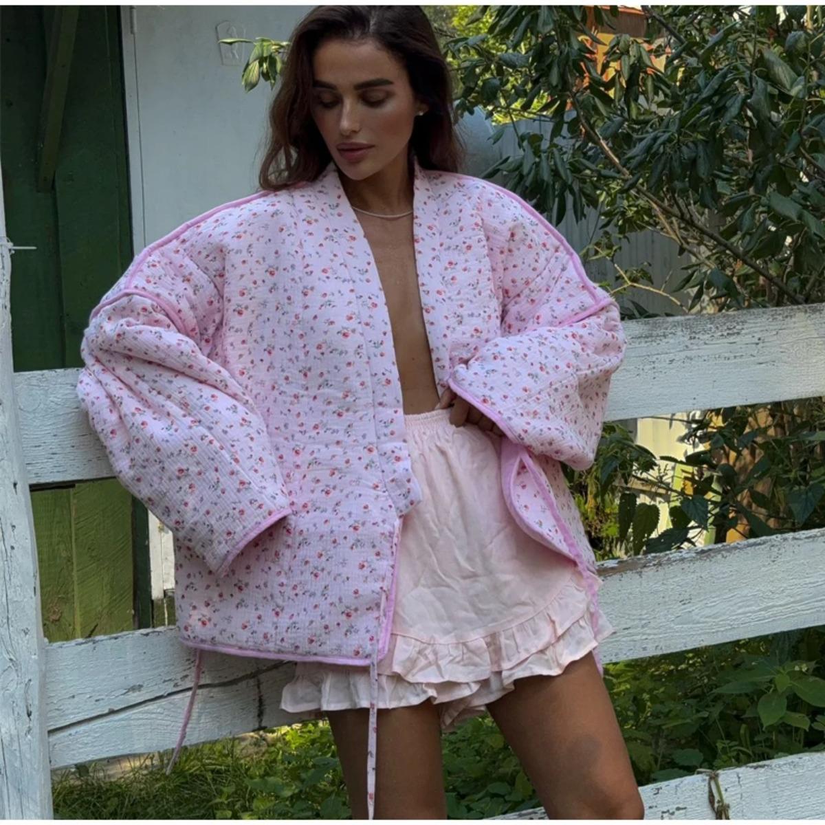 

Женский кардиган с цветочным принтом, милый розовый женский плащ на шнуровке, повседневный свободный, теплый, осенний, модный, новая женская верхняя одежда S