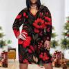 Women Plus Size V Neck Long Sleeve Printed Blue Straight Dress