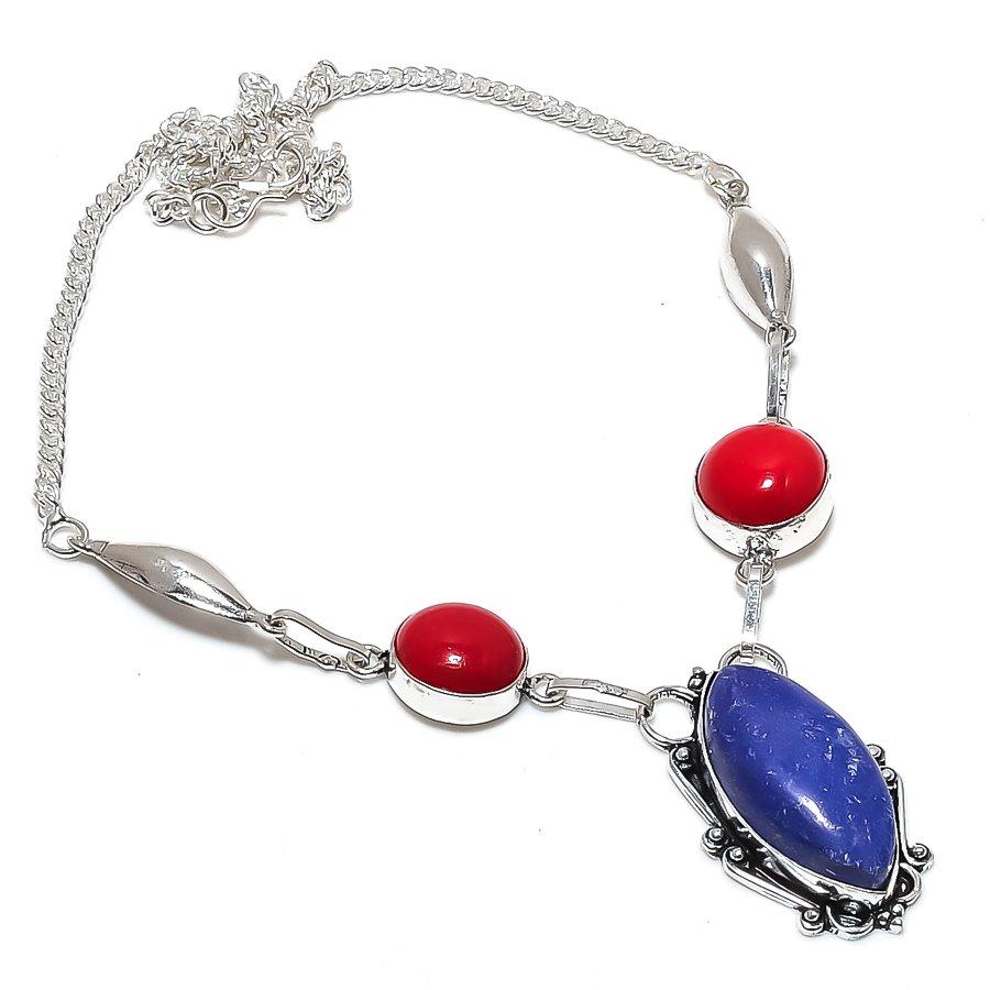 

Natural Lapis Lazuli, Coral 925 Sterling Silver Jewelry Necklace 18 C8H96