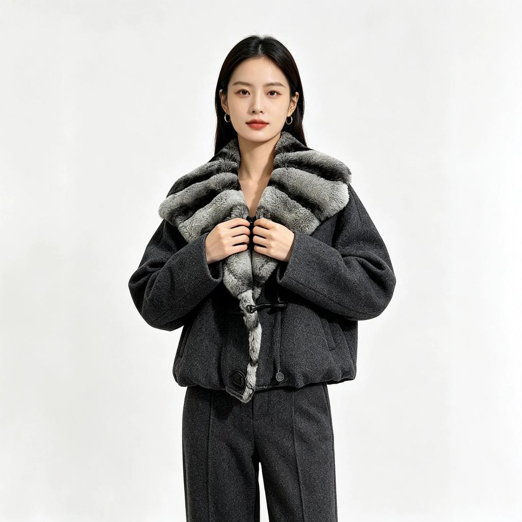 New Rex Rabbit fur collar short down jacket women's white goose down filled horn buckle design light luxury coat