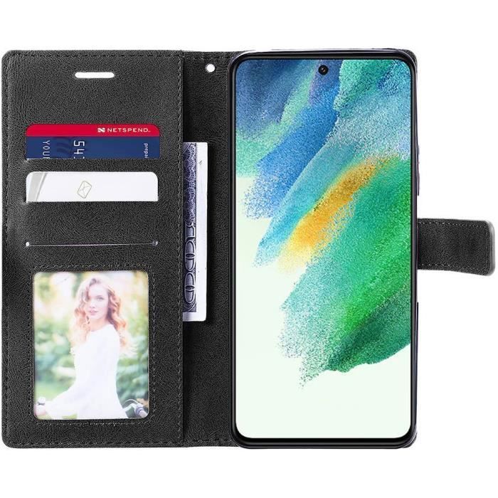 Coque pour Samsung Galaxy S21 FE - BOOLING - Noir - Protection Anti-Rayures - Cuir PU