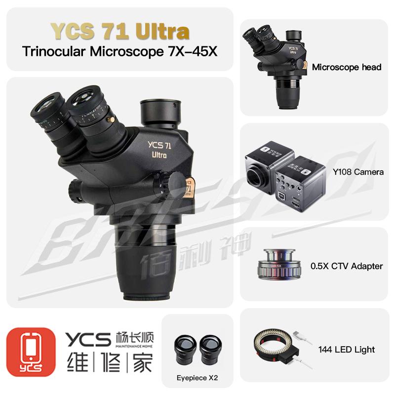 YCS 71Ultra Trinocular Microscope Head 0.67-45X Zoom 0.5X CTV 0.7 for Phone Electronic Repair Microscope 144 LED Light Tools Set