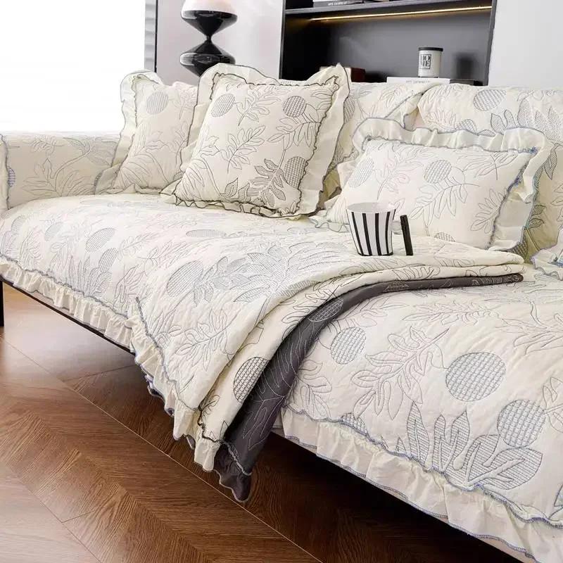 Cotton Sofa Cover with Ruffled Edges Floral Fresh Style Non-slip Sofa Cushion Four Season Universal Couch Protector Sofa Towel