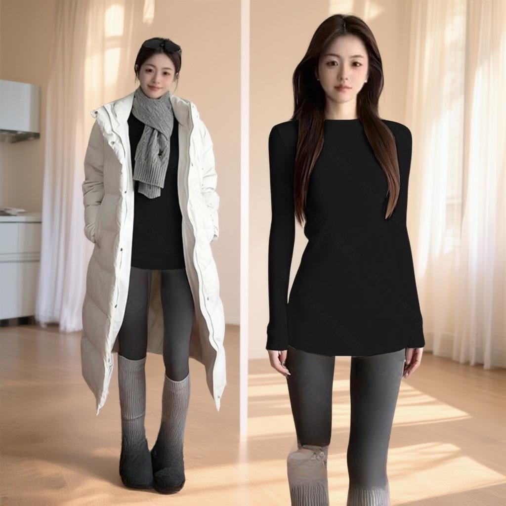 

Women s Slim Fit White Fleece Long Sleeve Round Neck Top for Spring/Autumn Large чёрный