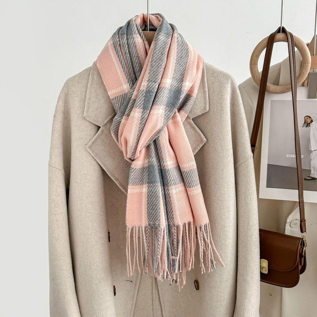 Women's Winter Plaid Imitation Cashmere Tassel Scarf, Thickened Korean Style Neck Warmer