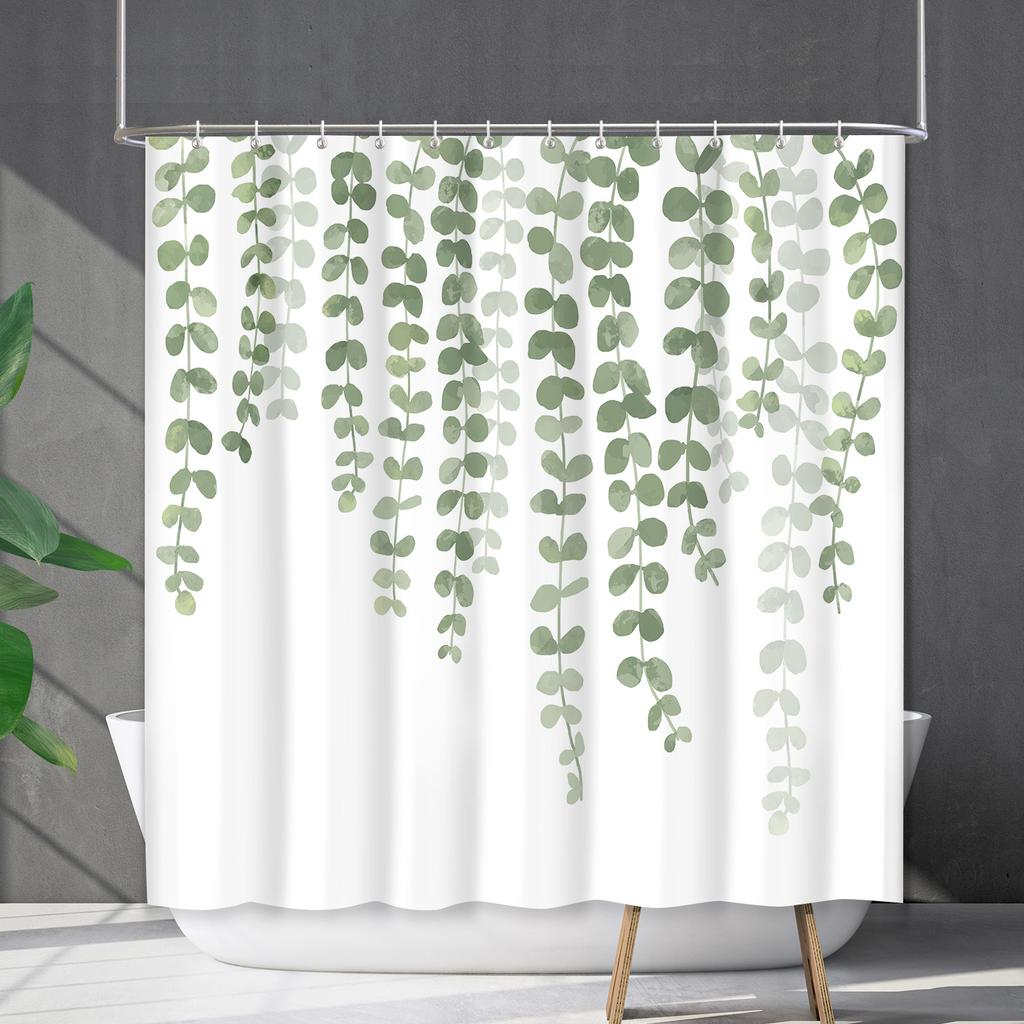 Green Plant Waterproof and Mildew-proof Polyester Bathroom Shower Curtain Shower Curtain Partition Curtain Free of Punching