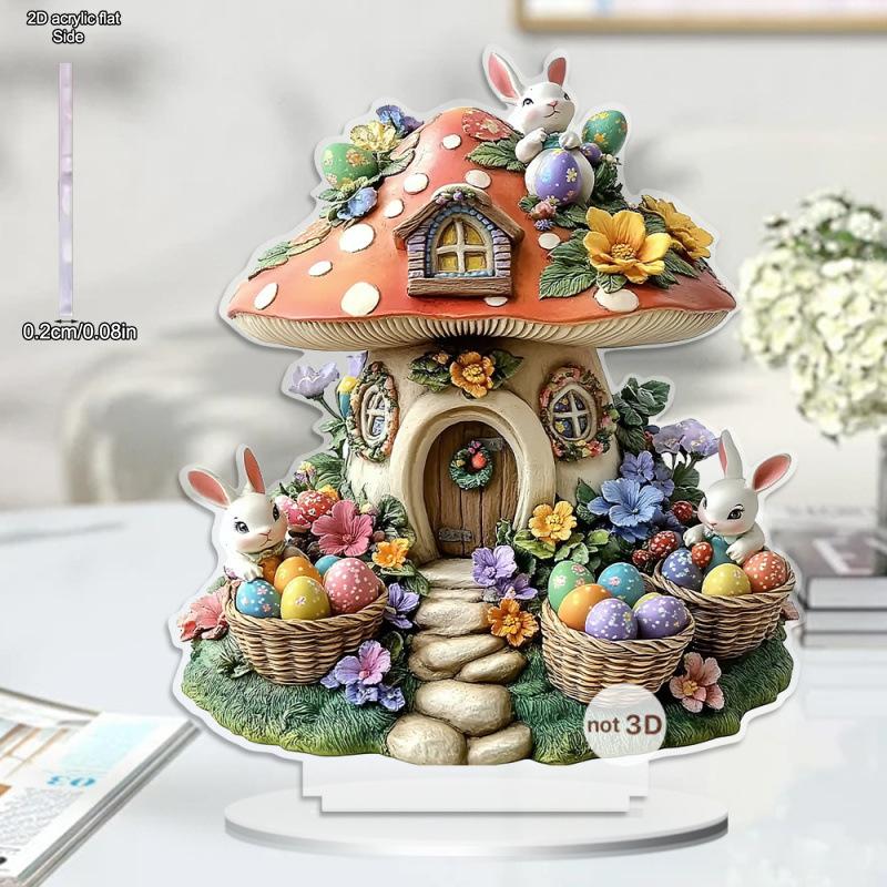 2D Flat, Easter Cute Rabbit Mushroom House Acrylic Desktop Decoration, with Base, Suitable for wall decoration, porch, room, villa, accents Home, Hall